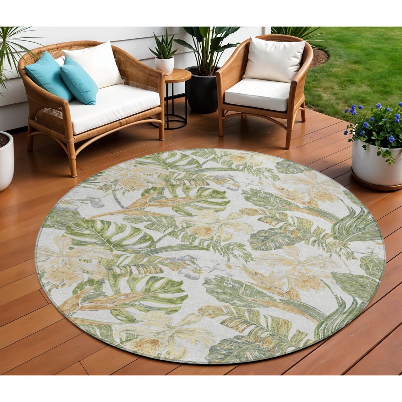 Edge Collections - 8' - Multicolor - Washable Round Botanical Leaves Area Rug for Indoor and Outdoor Use - 1 Piece